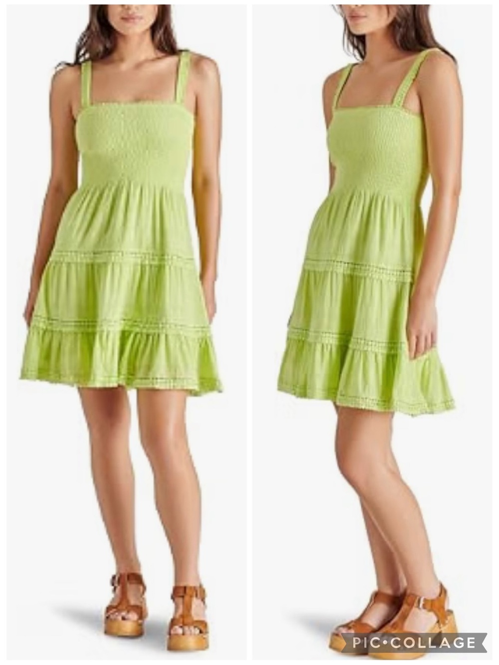 Steve Madden Kahina Dress Smocked Tiered Lime Green Cotton Mini L Cottagecore